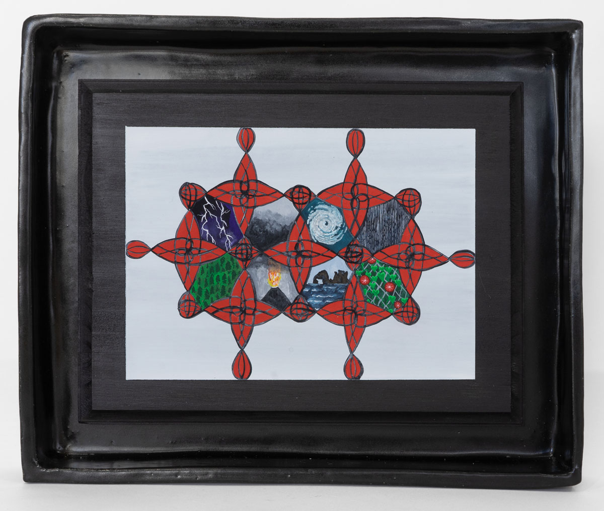 A painting with two red interlocking circles on a white background framed by a thick black border. Each circle contains geometric patterns and four miniature depictions of natural forces. On the left: lightening, misty mountains, a forest, a volcano. On the right: a spiral galaxy, rain, flowers growing on a trellis, rocks in the ocean.