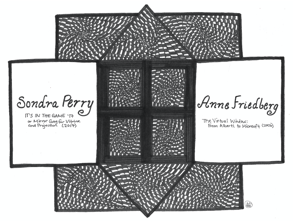 Bottom left part, with the words, on one side: Sondra Perry IT'S IN THE GAME '17 or Mirror Gag for Vitrine and Projection (2017), and on the other side: Anne Friedberg The Virtual Window: From Alberti to Microsoft (2006)